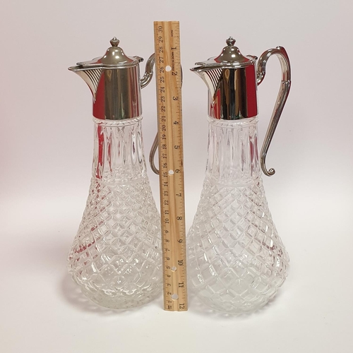 86 - Pair of Cut Glass Claret Jugs with Silver Plate Top, Height 29cm