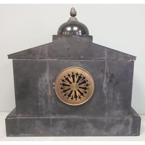 94 - Black Slate Architectural Mantel Clock with Plate Dated 1924, H:40 x W:42cm (untested)