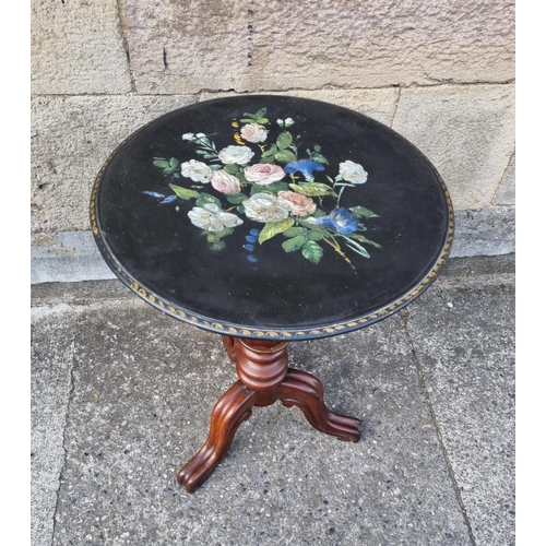 4 - Victorian Mahogany Side Table with Marble Top and Floral Design Height 73cm, diameter 57cm