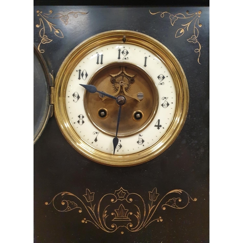 112 - Large Architectural Black Slate Mantel Clock with brass detail with Key, H:48 x W:48cm