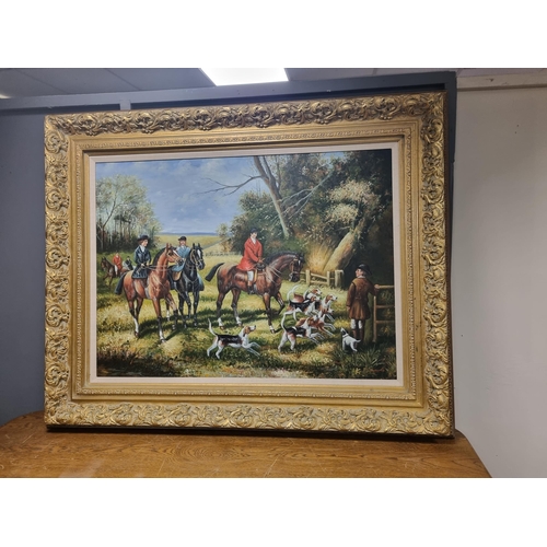 63 - Very Large oil on Canvas Hunting scene painting.  Frame Overall Measurement 154.5cm x 124.5cm.