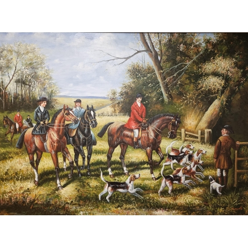 63 - Very Large oil on Canvas Hunting scene painting.  Frame Overall Measurement 154.5cm x 124.5cm.