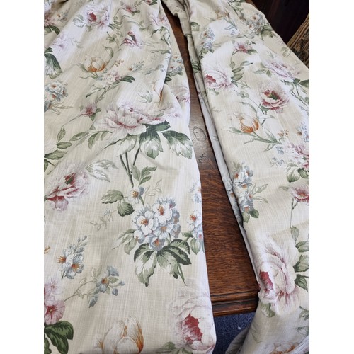 827 - Pair of Floral French Pleat Lined Curtains Pair of Green Tiebacks. Width 43 inches, Drop 90 inches e... 