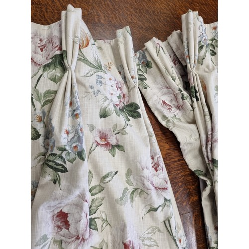 827 - Pair of Floral French Pleat Lined Curtains Pair of Green Tiebacks. Width 43 inches, Drop 90 inches e... 