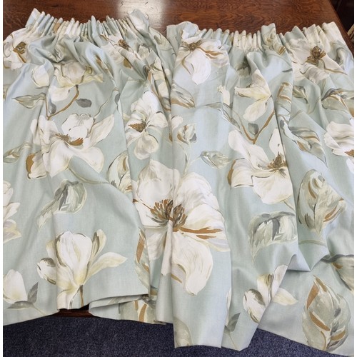 831 - Two Pairs of Tape Top Curtains, one Cream, one duck Egg Floral, and one pair of Tiebacks (measuremen... 