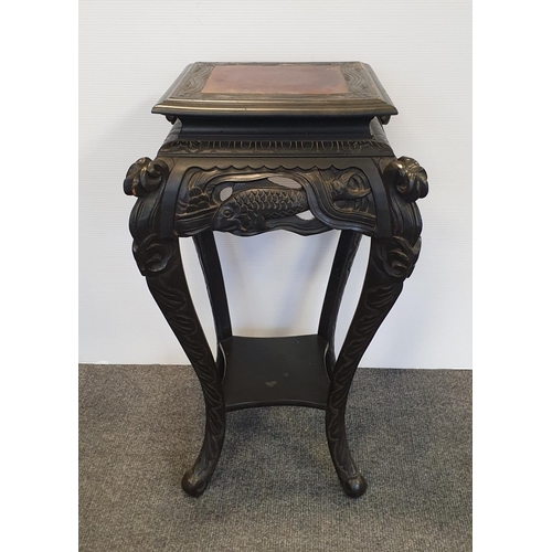 10 - Heavily Carved Oriental Plant Stand with Fish Detail, H:75 x W:46 x D:46cm