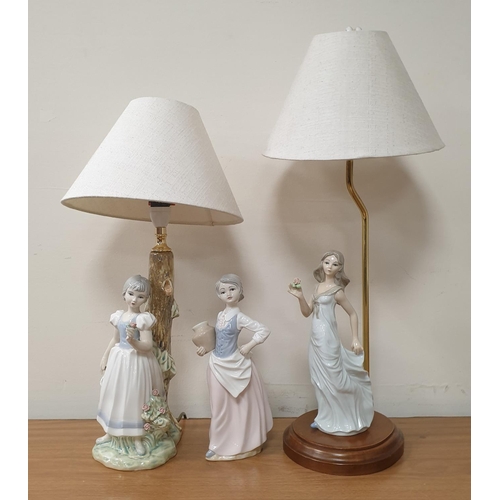 29 - Lot of 2x Porcelain Table Lamps and Shade Tengra Figurine
