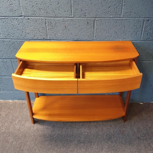 36 - Mid Century Bow Fronted Two Drawer Console Table with shelf, H:81 x W:104 x D:40cm