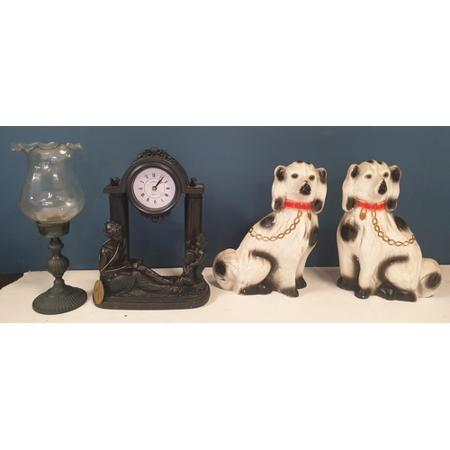 55 - Pair of Staffordshire Dogs with Mantle Clock and Candle Holder