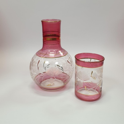 60 - Etched Ruby Glass Bedside Decanter and Tumbler Set