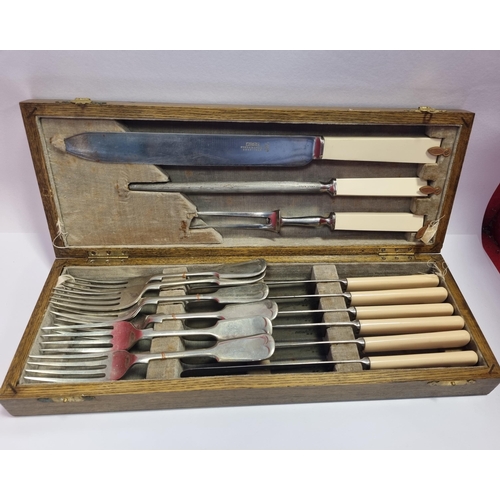 8 - Oak Knives and Carving Set & 6 Knives & Forks