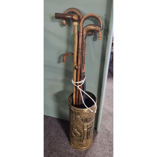 12 - Brass Umbrella Stand and Collection of Walking Sticks