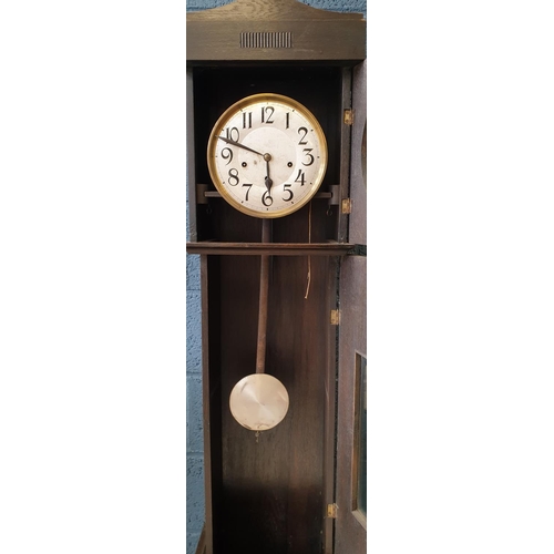 20 - Edwardian Oak Grandfather clock - with pendulum and weights, H: 175cm x 37cm wide x 22cm deep