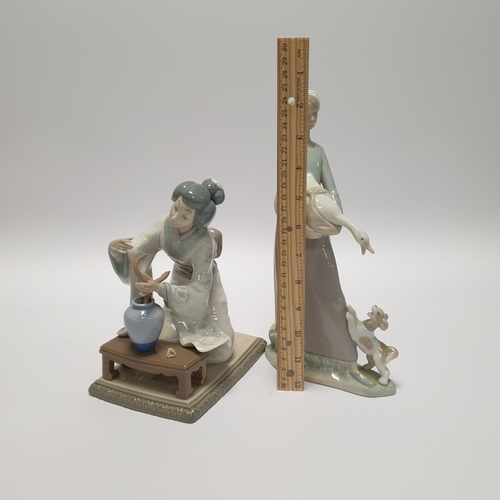 36 - Two Lladro figures: Girl with Goose and Dog (H: 18cm) & Geisha with Flowers