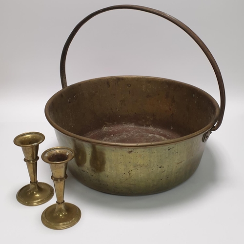 39 - Brass Jam Pan, Diameter: 44cm, Height: 39cm, & Brass Candlesticks, Height: 15cm