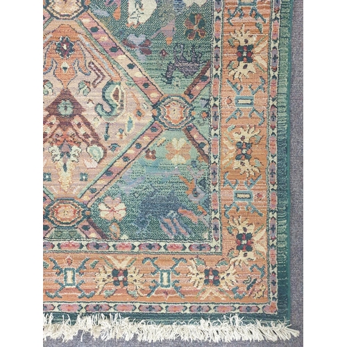 16 - Green Ground Rug with Terracotta Border, Horse and Bird Figures. Length 180 x Width 120cm