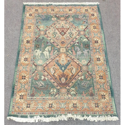 16 - Green Ground Rug with Terracotta Border, Horse and Bird Figures. Length 180 x Width 120cm