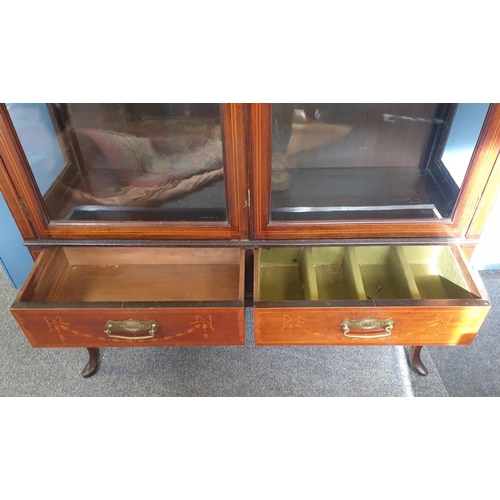 55 - Edwardian Inlaid Mahogany Display Cabinet with Two Drawers (includes key). H:187 x W:115 x D:41cm