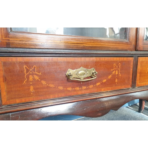 55 - Edwardian Inlaid Mahogany Display Cabinet with Two Drawers (includes key). H:187 x W:115 x D:41cm