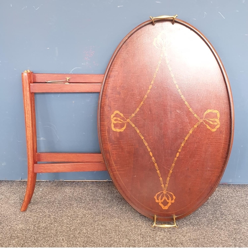 2 - Edwardian Mahogany Inlaid Tray Table on Folding Stand (w: 68cm x d: 44cm x 51cm high)