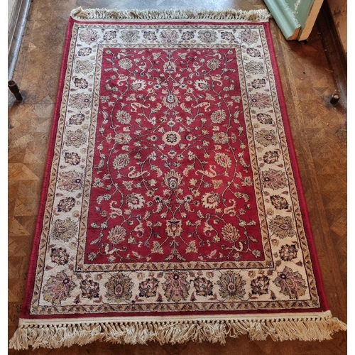 63 - Synthetic Red and Gold Silk Effect Rug, L:150 x W:100cm