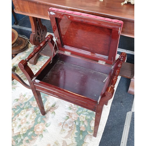 7 - Mahogany Lift Top Piano Stool, h:58cm  x w: 57cm  x d: 34cm