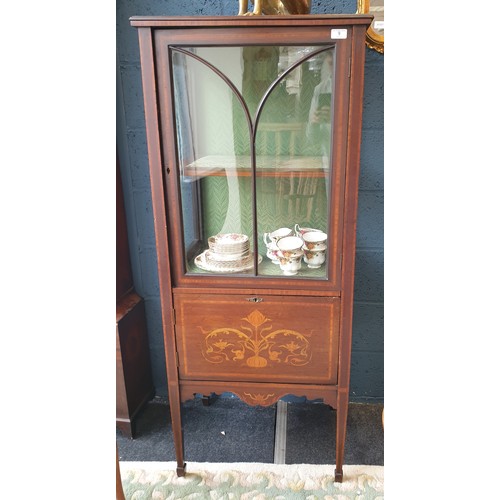 9 - Edwardian Inlaid Mahogany Single Door Display Cabinet, H: 145cm x w: 61cm x D:44cm