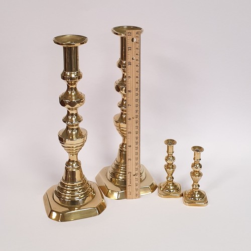 114 - Lot of 2x Pairs of Brass Candlesticks, H: 30cm and H: 10cm