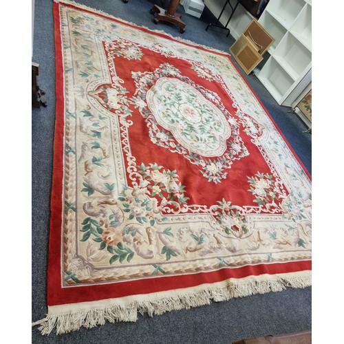 118 - Large Embossed Wool Chinese Carpet Red Tones, L:380 x W:280cm