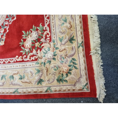 118 - Large Embossed Wool Chinese Carpet Red Tones, L:380 x W:280cm