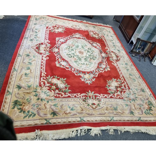 118 - Large Embossed Wool Chinese Carpet Red Tones, L:380 x W:280cm