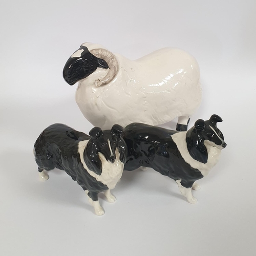 121 - Lot of 3x Figures to include 2x Beswick Porcelain Collie Figures and a Large Bayer Porcelain Ram, ta... 