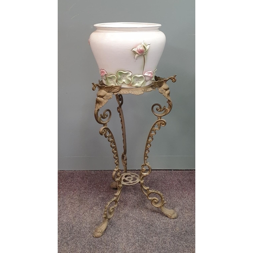 123 - Porcelain Planter on Brass Stand, H:75 x D:35cm overall