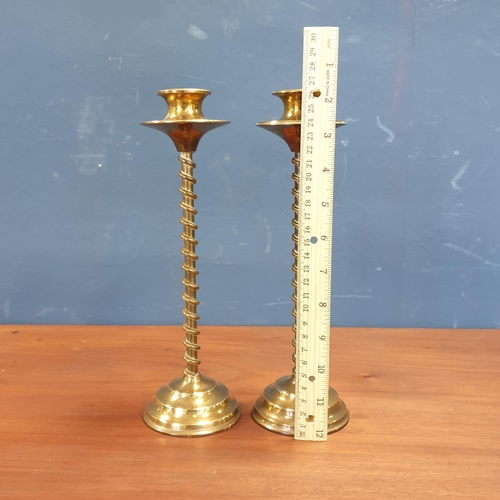 154 - Pair of Spiral Twist Brass Candlesticks, Height 27cm