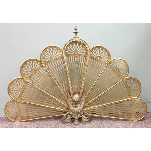 156 - Brass Peacock Fire Screen (H:63 x W:96cm) and Brass Mesh Curtain Fire Screen (H:79 x W:97cm)