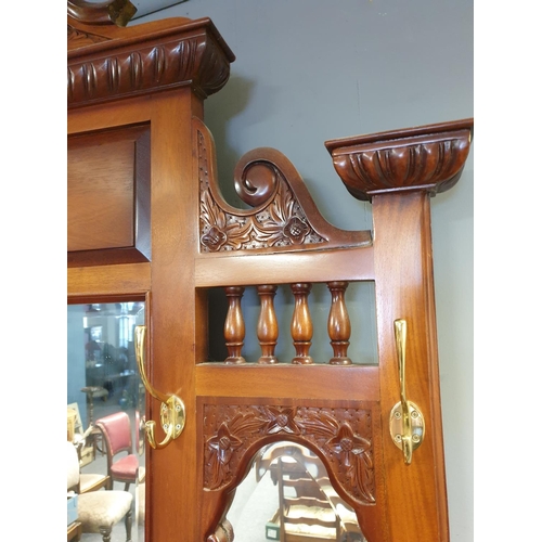 179 - Large Reproduction Mahogany Hall Stand with Brass Hat & Coat Hooks, H:230 x W:125 x D:45cm