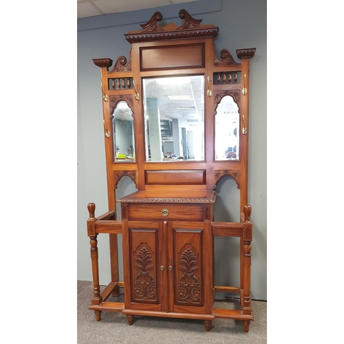 179 - Large Reproduction Mahogany Hall Stand with Brass Hat & Coat Hooks, H:230 x W:125 x D:45cm