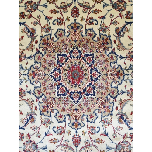 205 - Ivory Ground Kashmir Fine Pile Carpet with Navy and Reds, Central Medallion. L:230 x W:160cm