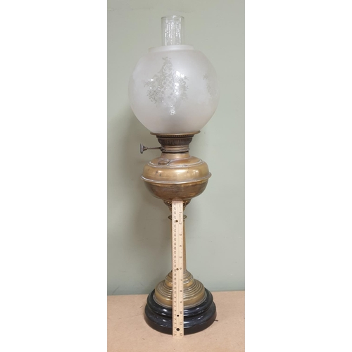 214 - Antique Brass Oil Lamp with Glass Globe and Funnel, Height 70cm