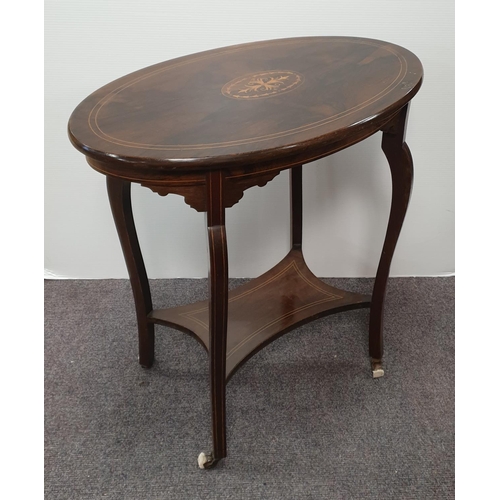 228 - Rosewood Edwardian Inlaid 2 Tier Oval Occasional Table on Castors, h:73cm x w:74cm x D: 44cm