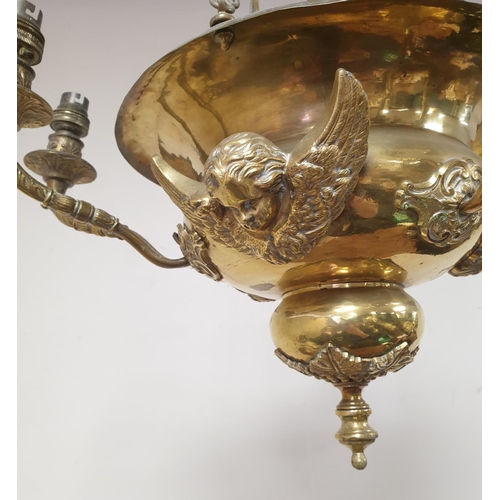 234 - Brass Six Branch Ceiling Light with Cherub Detail, H:90 x D:50cm