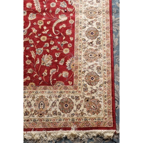 237 - Red Ground Silk Effect Rug with Gold Border, L:290 x W:195cm