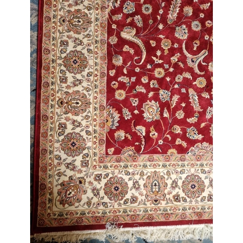 237 - Red Ground Silk Effect Rug with Gold Border, L:290 x W:195cm