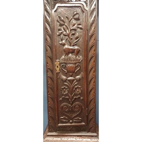 264 - 18th Century Oak 8 Day Carved Longcase Grandfather Clock with Brass Face, includes Weights and Key