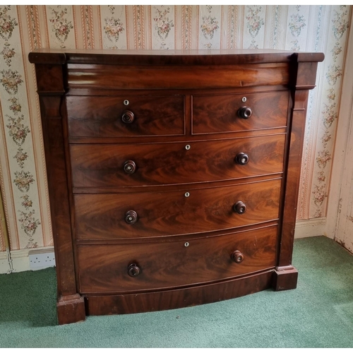 266 - Victorian Mahogany Bow Fronted Two Over Three Drawer Chest with Mother-of-Pearl Escutcheons and Secr... 