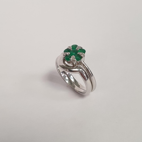 304 - 18ct White Gold Band and White Gold Diamond and Green Stone Ring, Size N