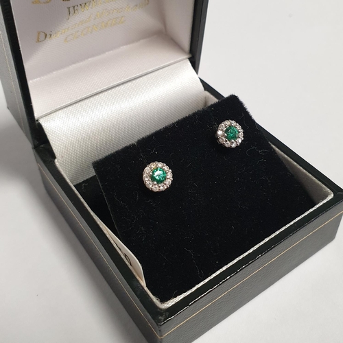 305 - 9ct White Gold Stud Earrings with Diamond and Green Emerald