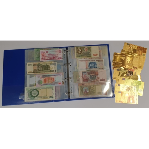 347 - An Album of Approximately 200 World Bank Notes along with a collection of Gold Foil Euro Notes