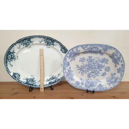 297 - Lot of 2x Blue and White Meat Dishes, Largest L: 47cm x D: 37cm