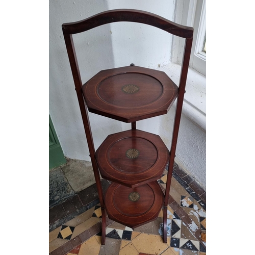 350 - Inlaid Mahogany Three Tier Folding Cake Stand, Height 86cm